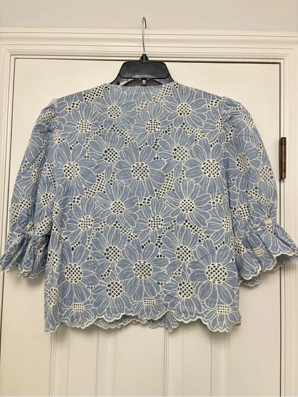 Vita Grace Blue Floral Embroidered Eyelet Cotton Puff Sleeve Blouse Top Size L - Picture 5 of 7